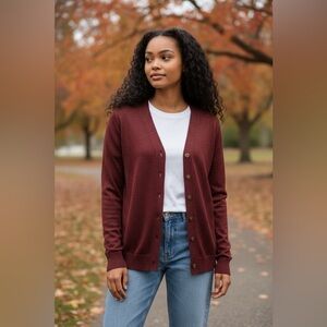 Talbots Burgundy Sparkle Button-Up Cardigan with gold trimmed burgundy buttons